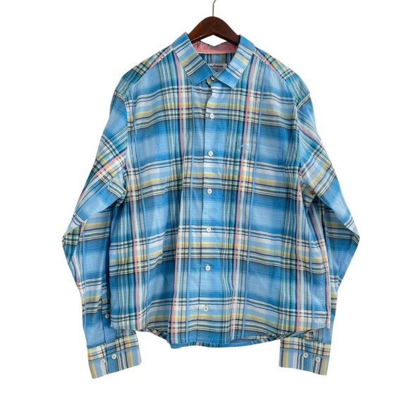 Tommy Bahama Island Zone Mens Large Plaid Button Up Shirt Pima Cotton Blue - Picture 1 of 8